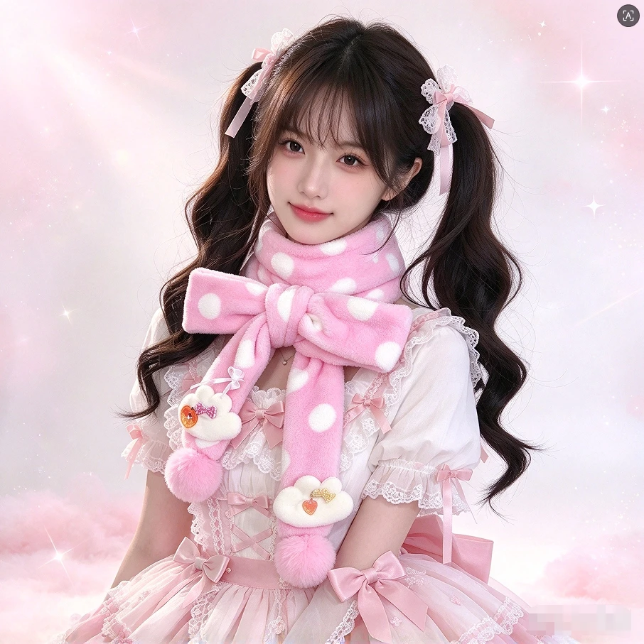 Original Pink Polka Dot Wing Scarf Japanese Cute Girl Women's Winter Scarf with Pink Pom Poms