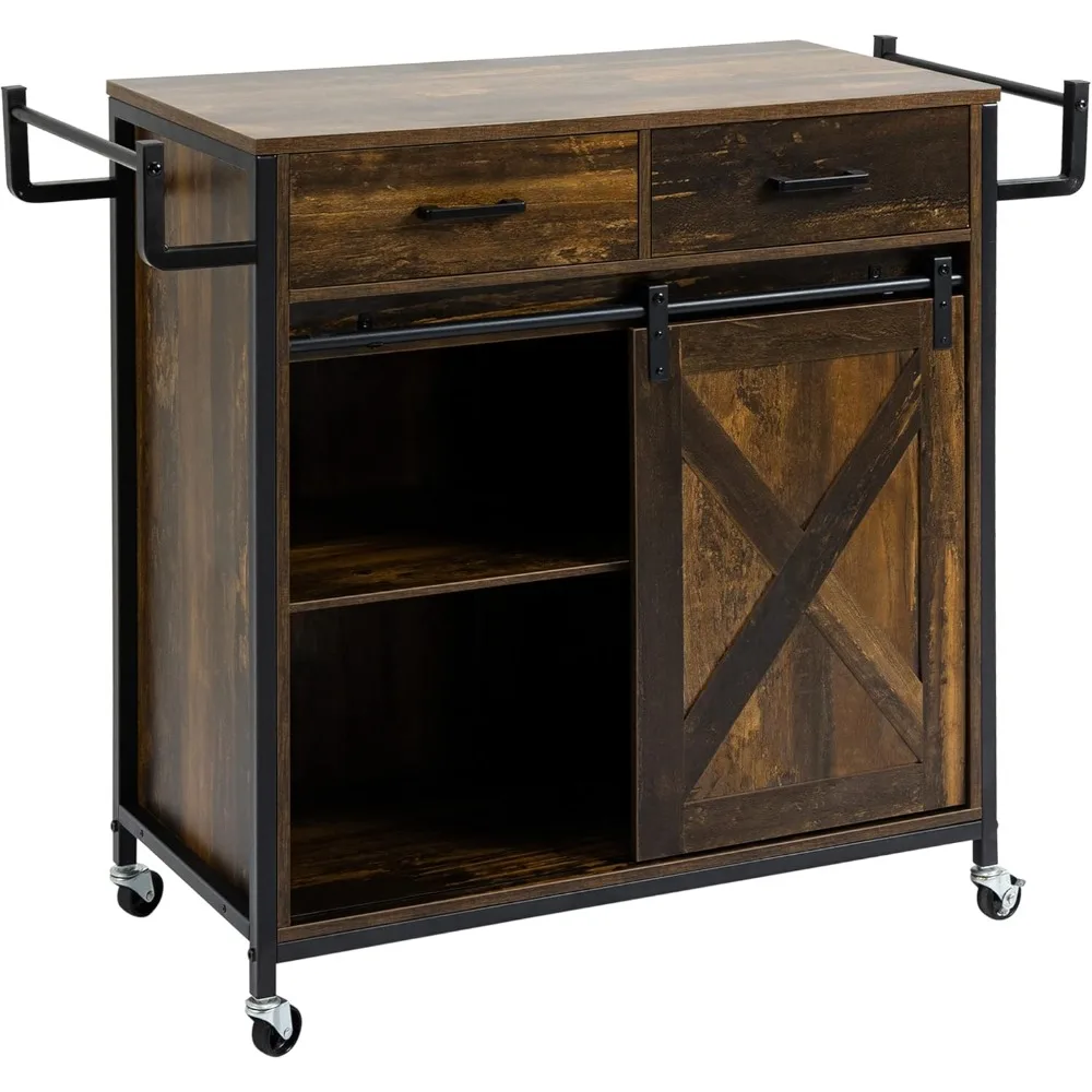 

HOMCOM Industrial Kitchen Cart, Rolling Kitchen Island with Adjustable Shelf, Two Drawers, Sliding Barn Door Cabinet and Towel