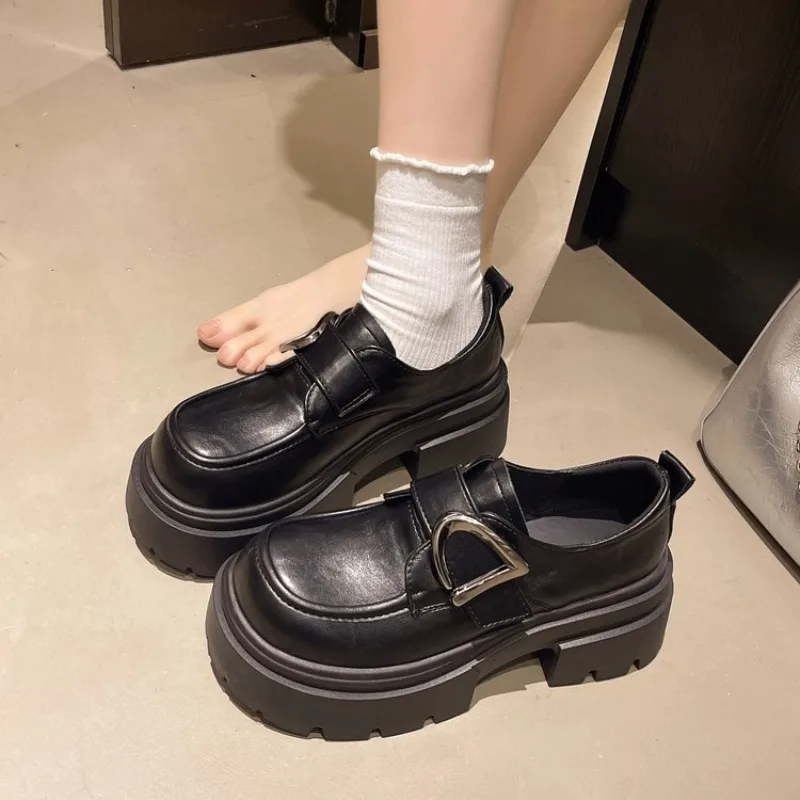 

Heels Buckle Casual Leather Shoes Autumn Women Chunky Sneakers Comfortable Pumps High Platform Walking Shoes Woman 2026