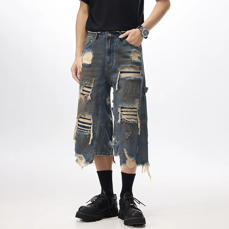 

Summer Ripped Jeans Men Streetwear Loose Casual Beggar Broken Hole Plus Size Calf-length Baggy Jeans Pants Cowboy Trousers