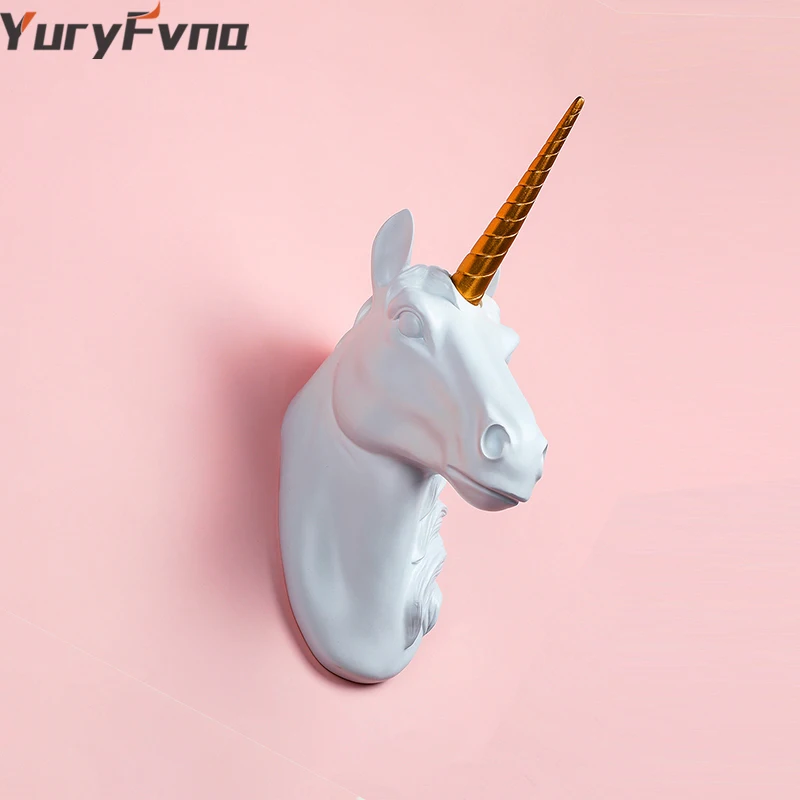 YuryFvna Decorative Resin Unicorn Head Wall Mount Animal Head Holder Wall Hanger Statue Animal Shapedat Hook Hanging Rack