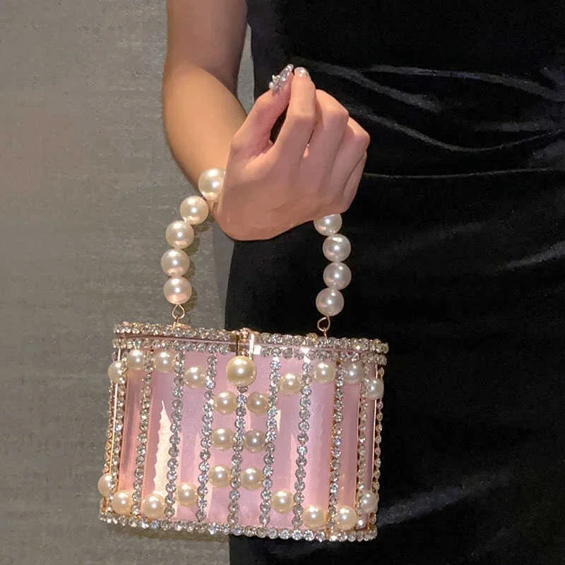 Crystal Evening Clutch Bags Women Glitter Pearl Handbag Boutique Handmade Bling Rhinestone Metal Cage Purses Handbags Wedding