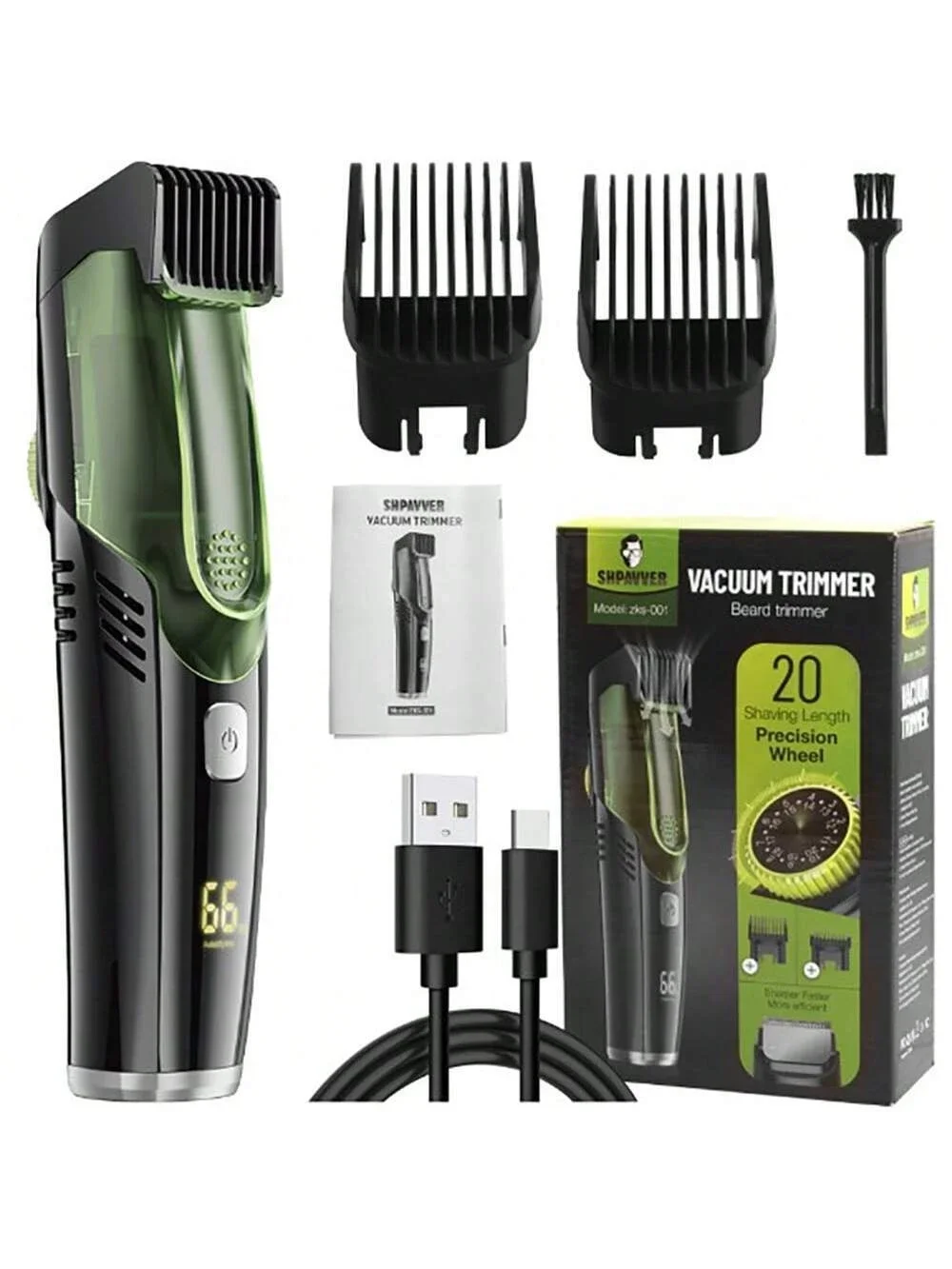 1pc 1400mah lavável corpo inteiro carga usb aparador de cabelo com display led, sucção automática do cabelo, profissional sem fio cli