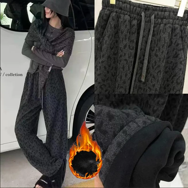 Winter Girls Chic High Waist Thermal Plush Slacks Lady Snow Warm Velvet Pants Women Retro Leopard Print Straight Leg Trousers