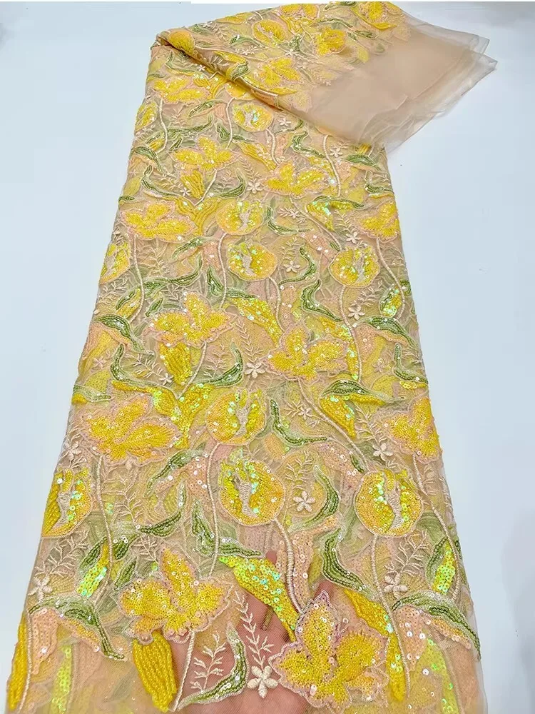 

1yard Luxury Flower multi-color bead sequin embroidery tela Wedding Dress cheongsam diy sewing fabric New soft mesh fabric