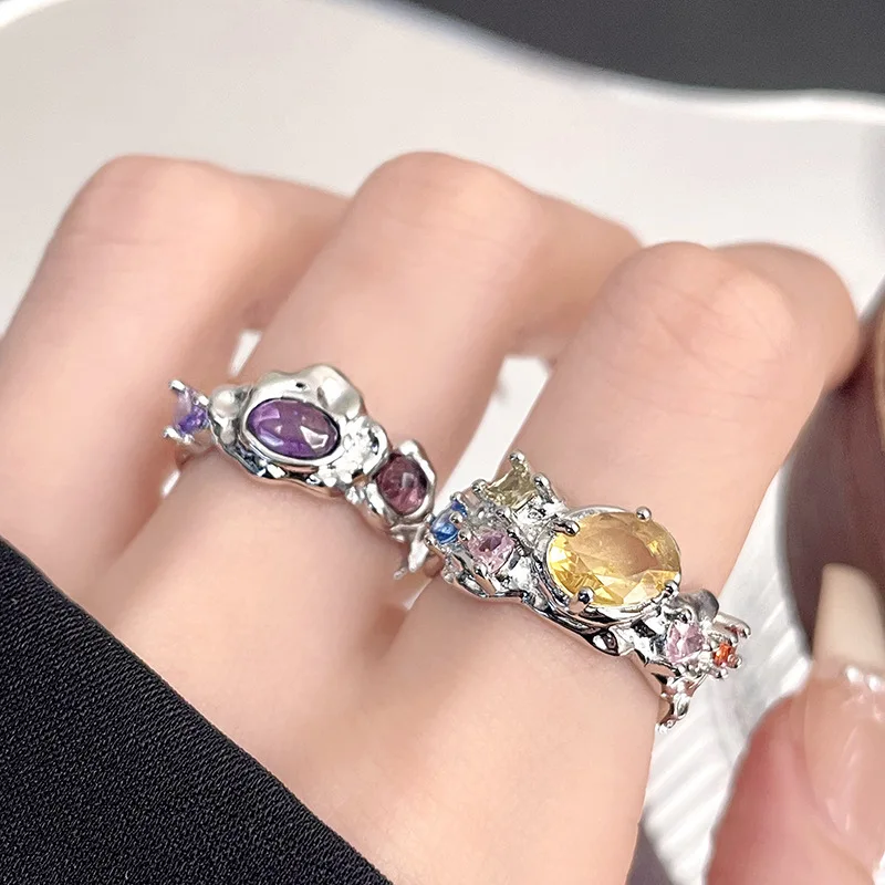 Korea Colorful Stone Oil Drip Rhinestone Trendy Geometry Rings For Women Heart Star Girls Y2k Jewelry Gifts