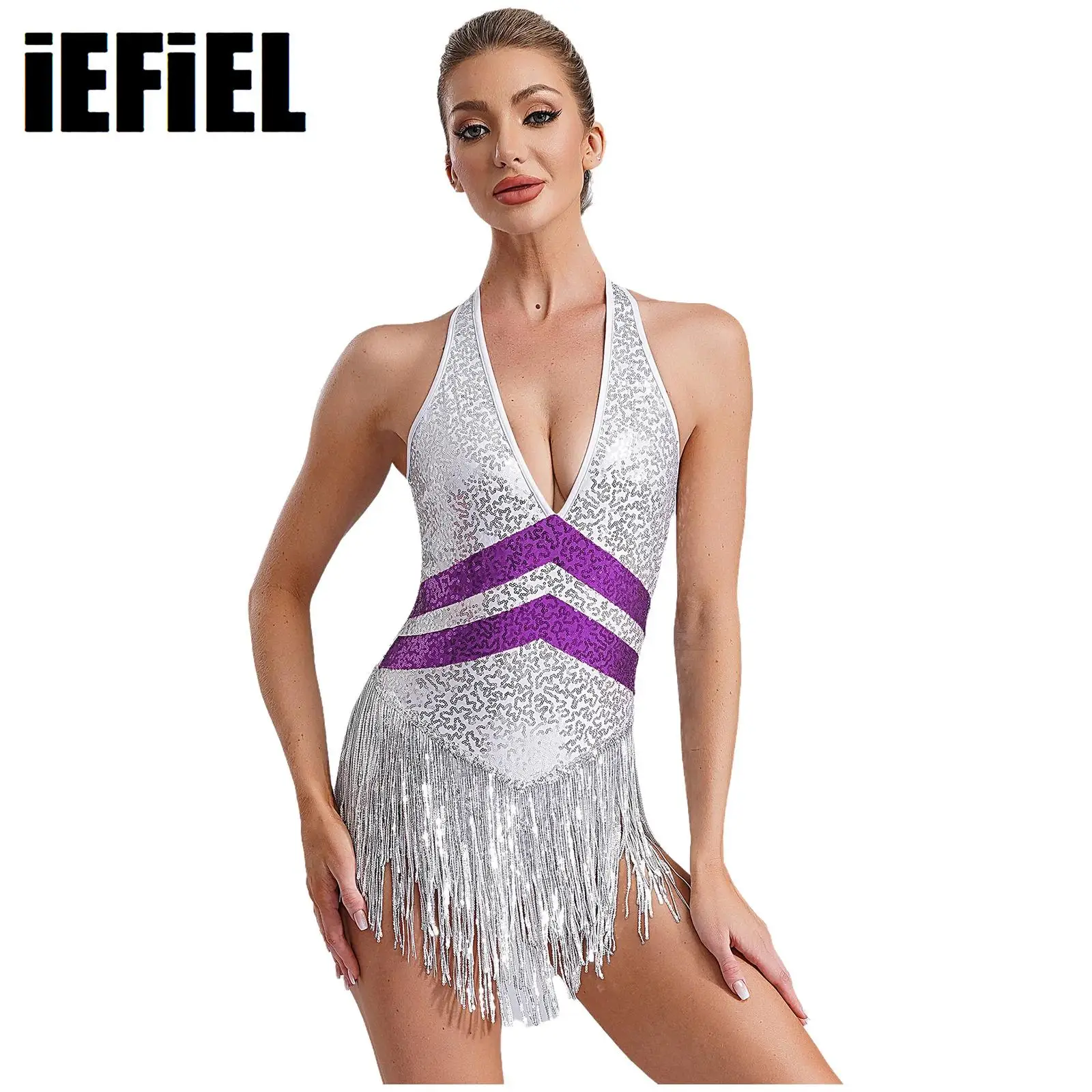 

Women Sequins Jazz Leotard Deep V Neck Sleeveless Open Back Sparkle Sequins Tassels Bodysuit Dance Performance Costume