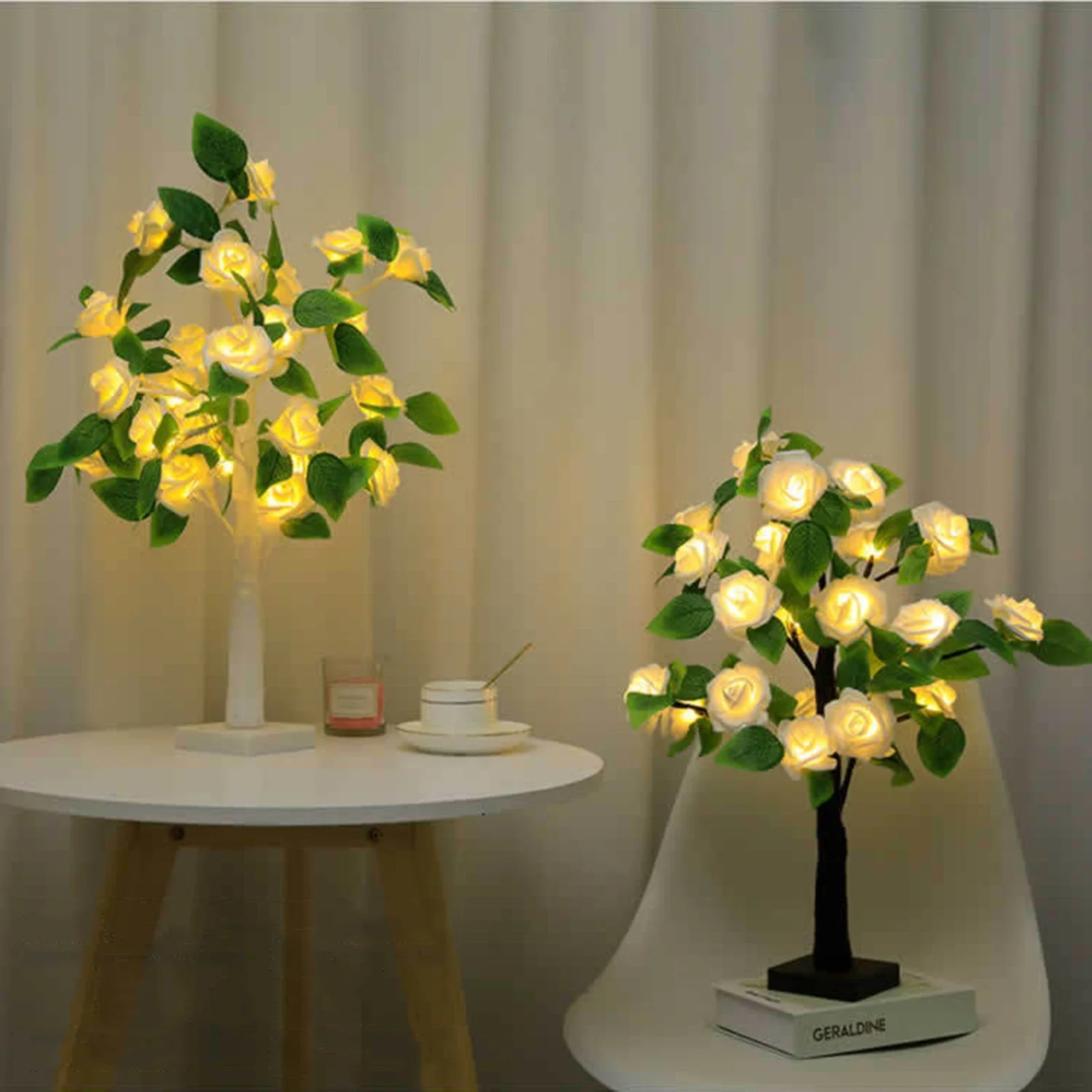 LED Tree Lamp Night Light Copper Wire Plastic Battery Powered 3 AA For Girls Room Bedroom 55cm