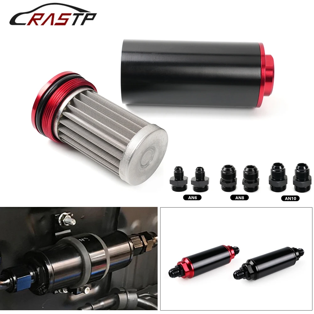 

RASTP-New 44MM 60 Micron/ 50MM 100 Micron Racing Inline Fuel Filter Aluminum With Mount with AN10 AN8 AN6 Fittings Adapter