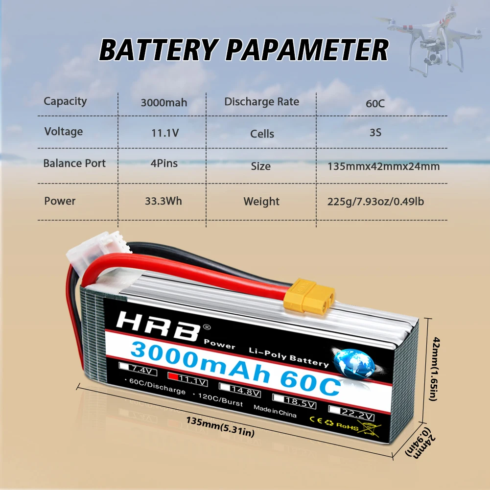 1/2PCS HRB 3S Lipo Battery 11.1v 3000mah RC Lipo with XT60 Connector 60C for RC Car Truck Airplane Drones DIY Racing Parts