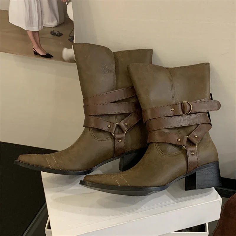 

Aneikeh, осенне-зимние дизайнерские ботильоны в стиле вестерн, женские ботильоны в готическом стиле на квадратном каблуке, повседневная уличная обувь с пряжкой и ремешком