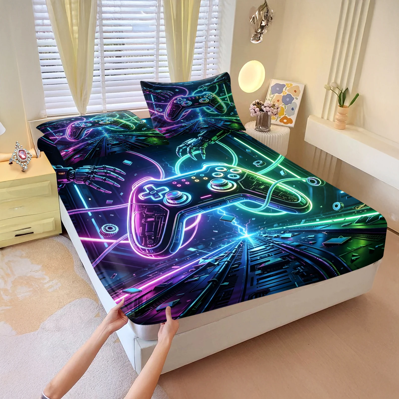 Cyberpunk Neon Game Controller Fitted Sheet Set Hand Gamepad Print Bedding Set Bed Sheet with Pillowcases for Game Lovers Decor