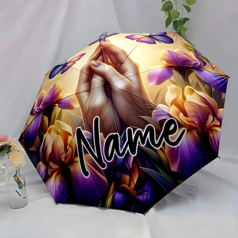 Custom Name Butterflies and Praying Hands-themed Decor Umbrella Print 8 Iron Ribs Folding Umbrella Auto-Open Fashion Sunshade