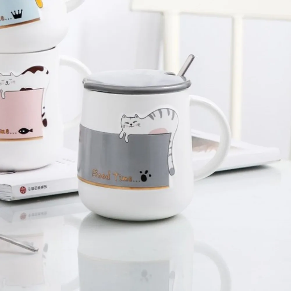 

Cute Cartoon Cat Ceramic Cup High Temperature Resistance with Lid Water Cups Decorative with Spoon Coffee Mug Daily Drinking