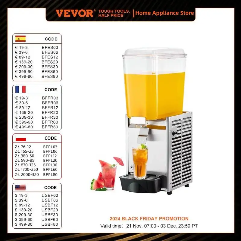 VEVOR-distribuidor comercial da bebida, máquina da bebida do chá do gelo, distribuidor do suco, distribuidor do suco, 18L, 325W, 304 de aço inoxidável, partido