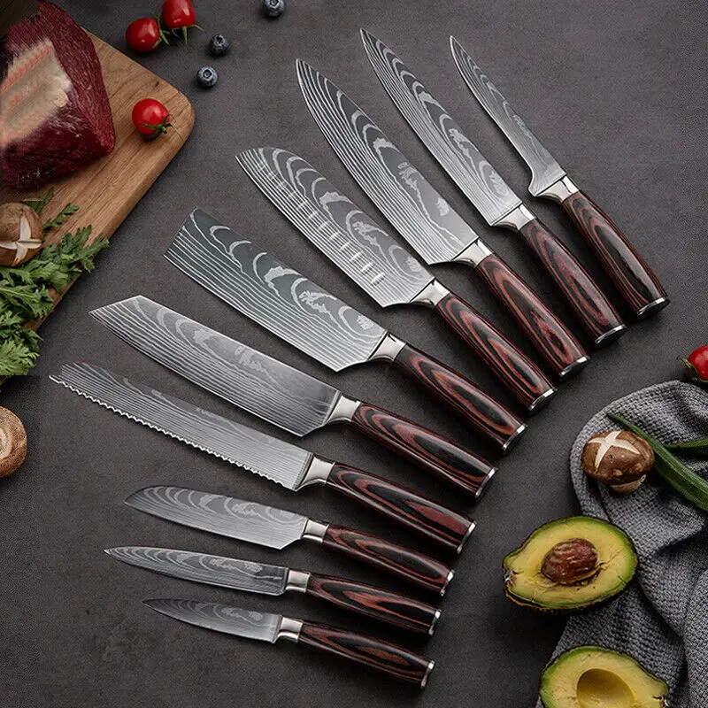 Kitchen Knives 1-10PCS 7CR17 440C Stainless Steel Laser Damascus Pattern Japanese Santoku Cleaver Slicing Utility Chef Knife