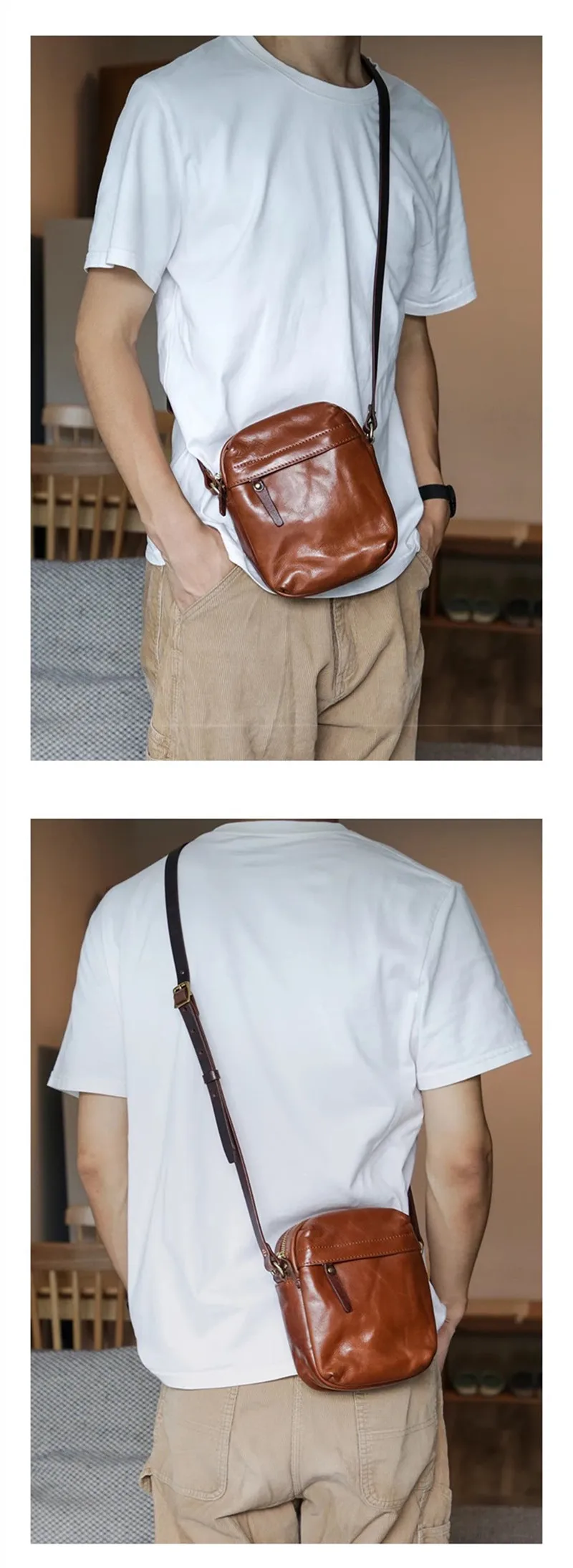 PNDME Einfache Vintage Luxus Echtleder Herren-Umhängetasche Outdoor Wochenend- und Alltagstasche aus natürlichem Rindsleder Handy-Umhängetasche – Detail 6