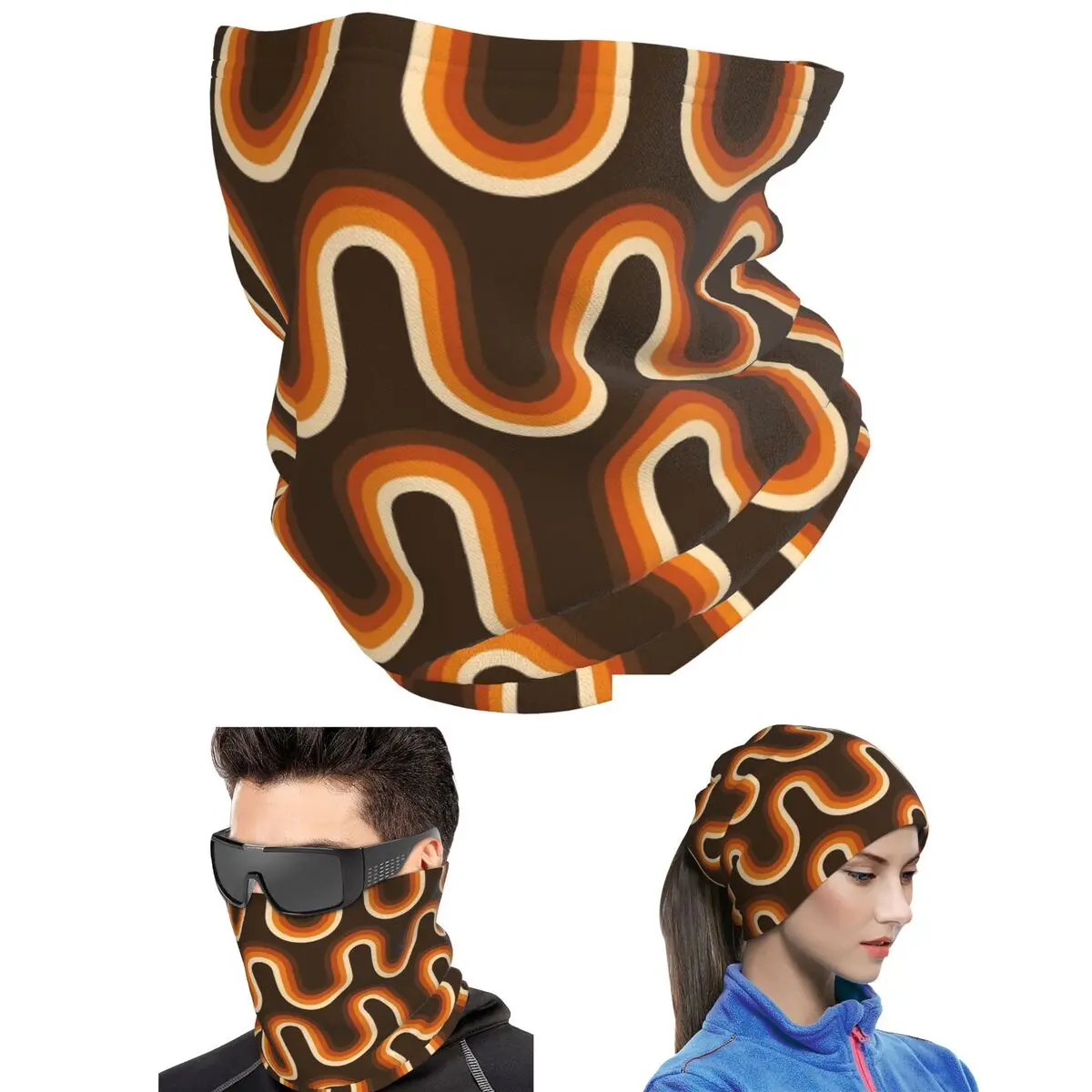 70s Orange And Brown Waves Bandana Neck Cover Printed Face Scarf Multi-use Cycling Scarf Unisex Adult Washable