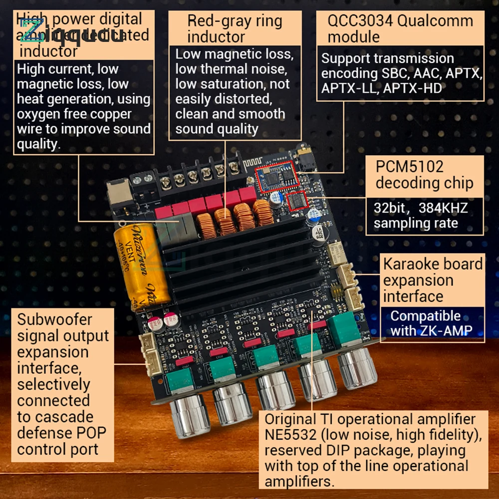 

ZK-TB21Q Bluetooth Digital Amplifier Board 2.1 Channel 50W+50W+100W Lossless APTX Subwoofer HiFi Audio Amplifier Module for Home