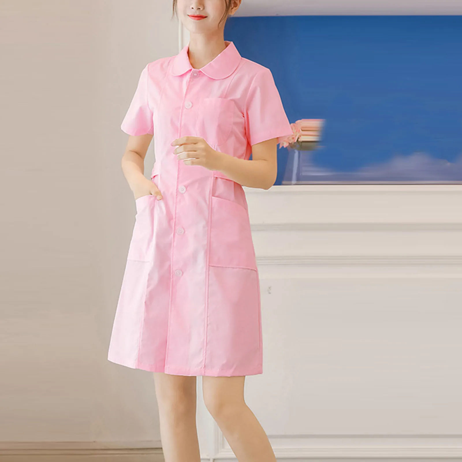 

Women's Nurse Uniform Solid Color Short-Sleeve Suit Hospital Uniform Lab Uniform Dress SPA Beautician Uniform Dress Work Wear