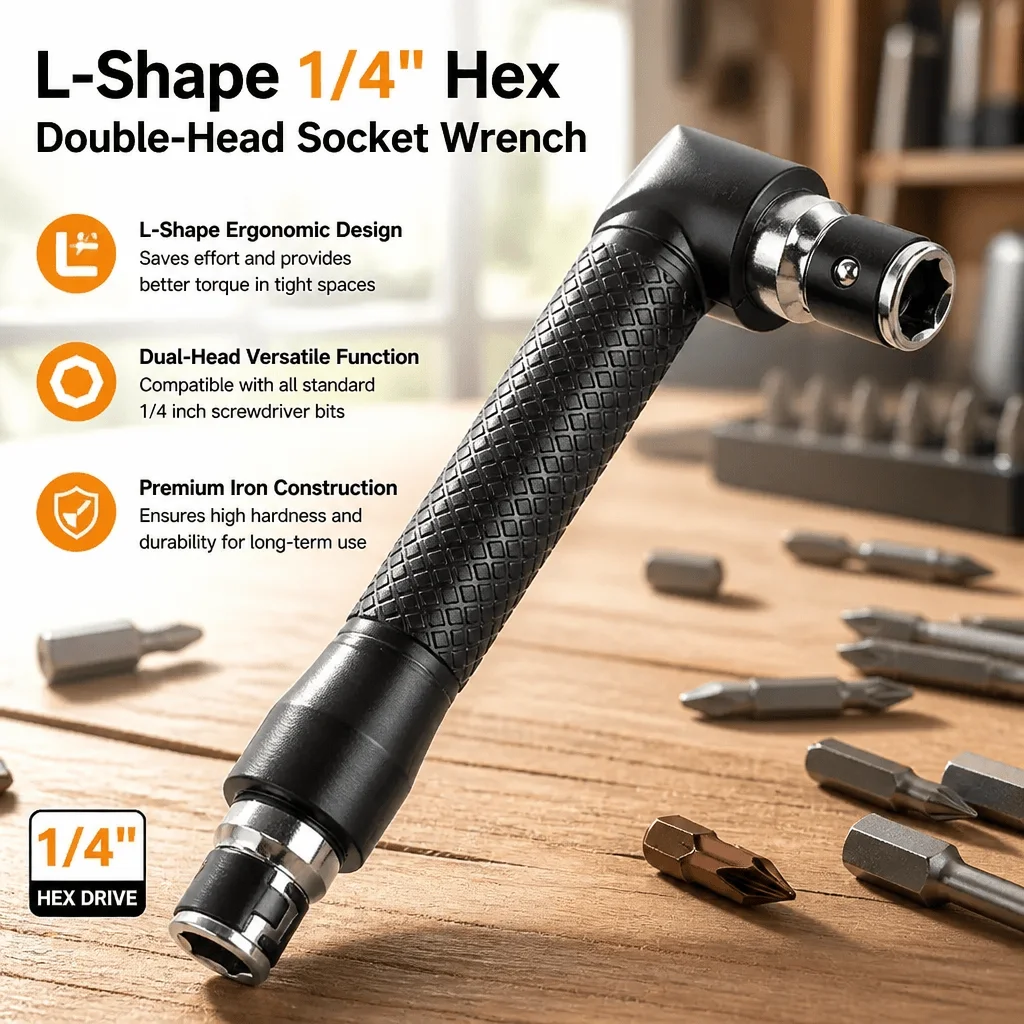 Stonego L-Shape Socket Wrench 1/4 Hex Bit Holder Double Head Wrench Screwdriver Adapter Portable Hand Tool DIY Garage