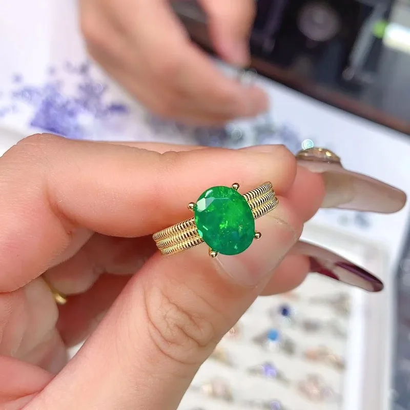 

YULEM Simple 925 Silver Green Opal Ring for Office Woman 8mm*10mm 100% Natural Green Green Silver Ring Gift for Woman