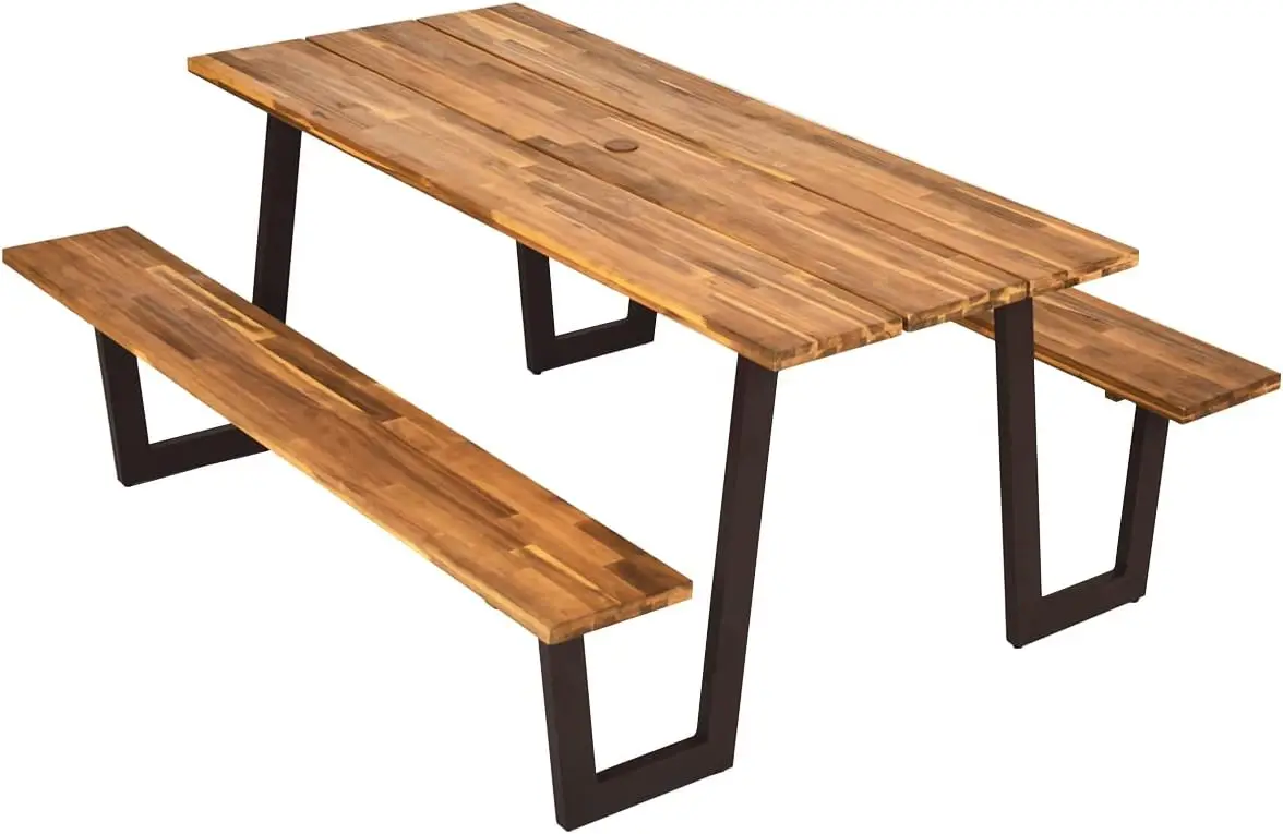 

Giantex Picnic Table Bench Set for 6 or 8, 70.5" Acacia Wood Outdoor Dining Table Set, 2" Umbrella Hole, 1600 LBS Capacity,