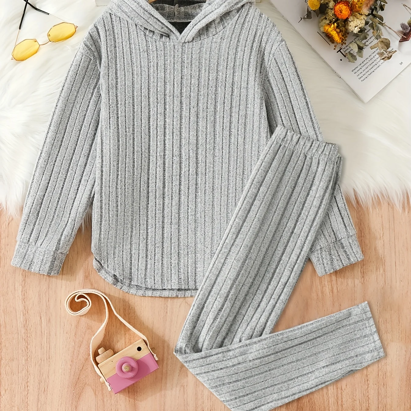 2pcs Girls Casual Ribbed Hoodies + Pants Kids Clothes Spring Fall Gift Christmas Halloween