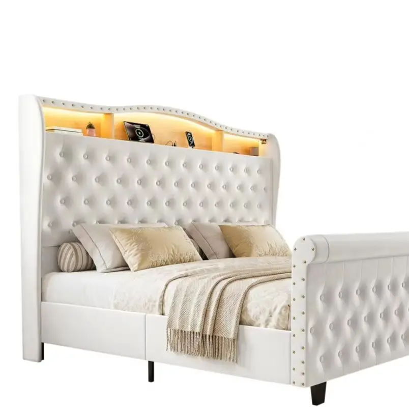 Upholstered Queen Size Bed Frame with LED Lights & Charging Station, Velvet Platform Bed Frame with Wingback Headboard & Footboa