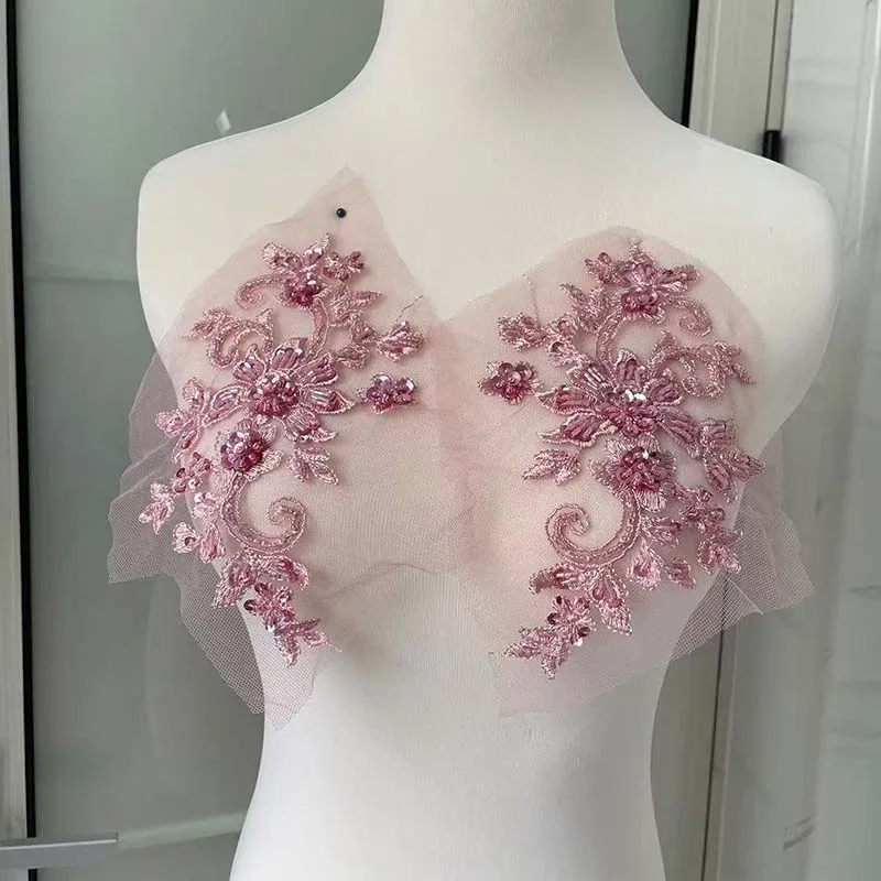 2PCS/Pair,3d Flower Wtih beaded sequined Bodice Applique sewing supplies,Lace Emboridery Sew On Patches For Dresses,Clothing