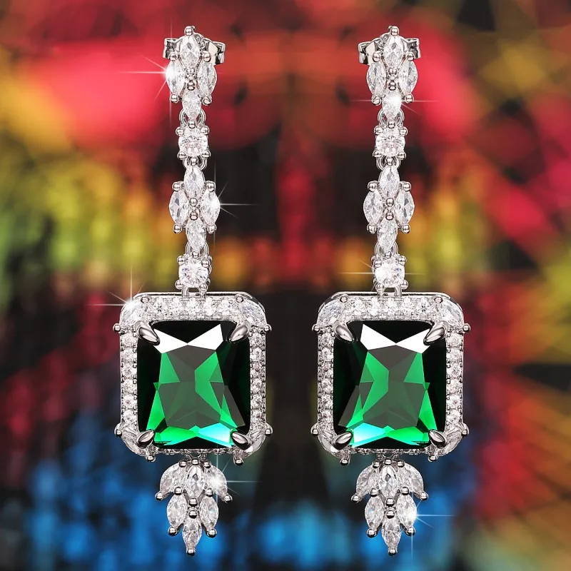 Huitan Gorgeous Square Green Cubic Zirconia Hanging Earrings for Women Newly Designed Bridal Wedding Accessories Luxury Jewelry