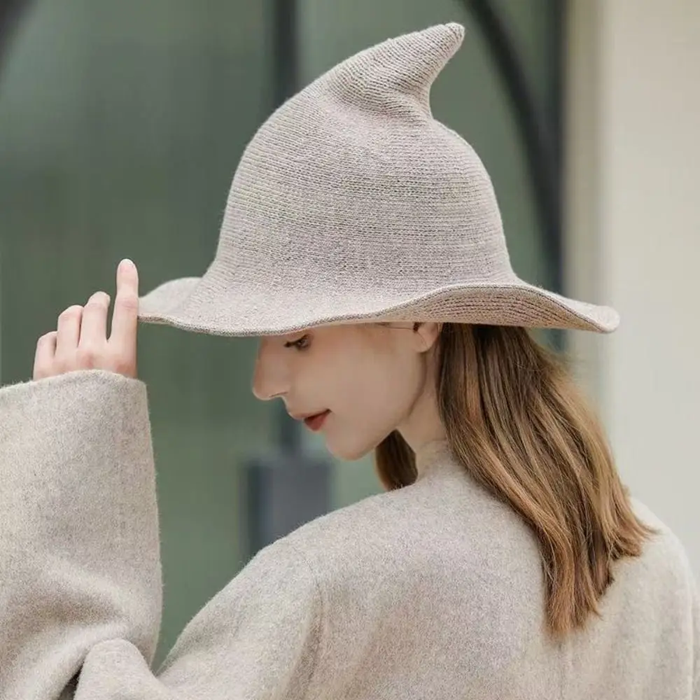 Vintage Wool Knit Halloween Witch Hat Solid Color Pointed Design Party Hat High Quality Foldable Costume Hat Halloween Party