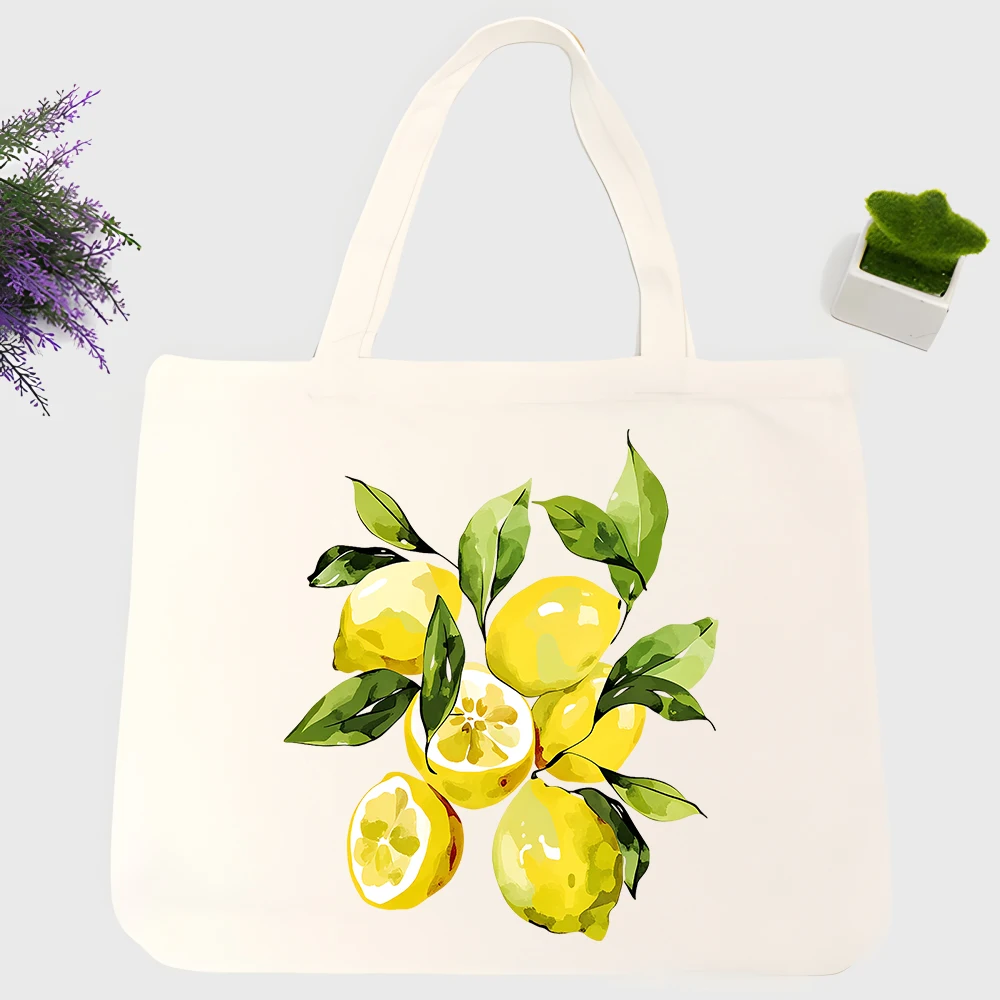 Women's lemon fruit graphic canvas tote bag, casual style for summer shopping and daily outings