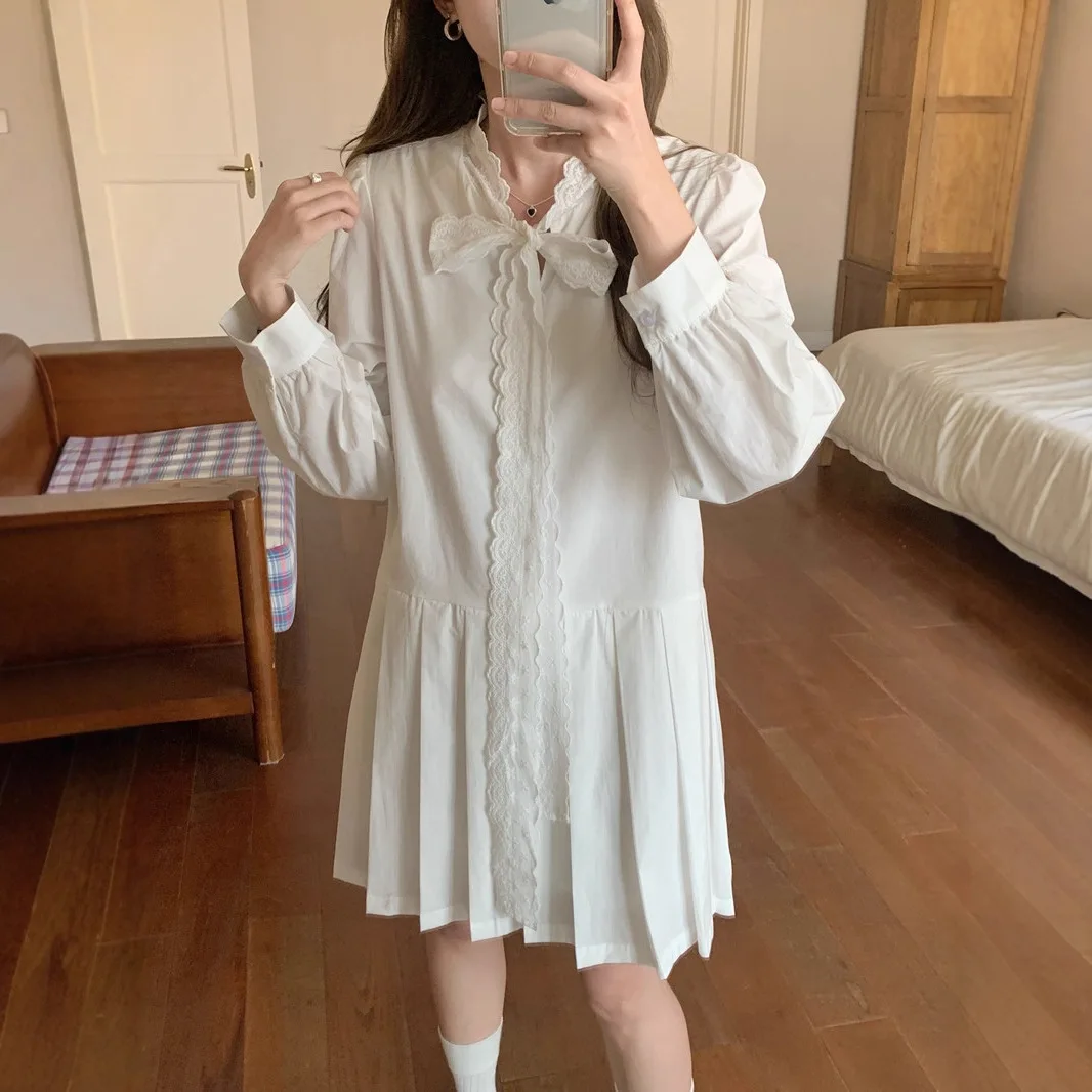 

Womens Dress 2026 Early Spring New Style French Sweet Lace Splicing Bow Strap Long Sleeve Dress Casual Fashion Daily Wear