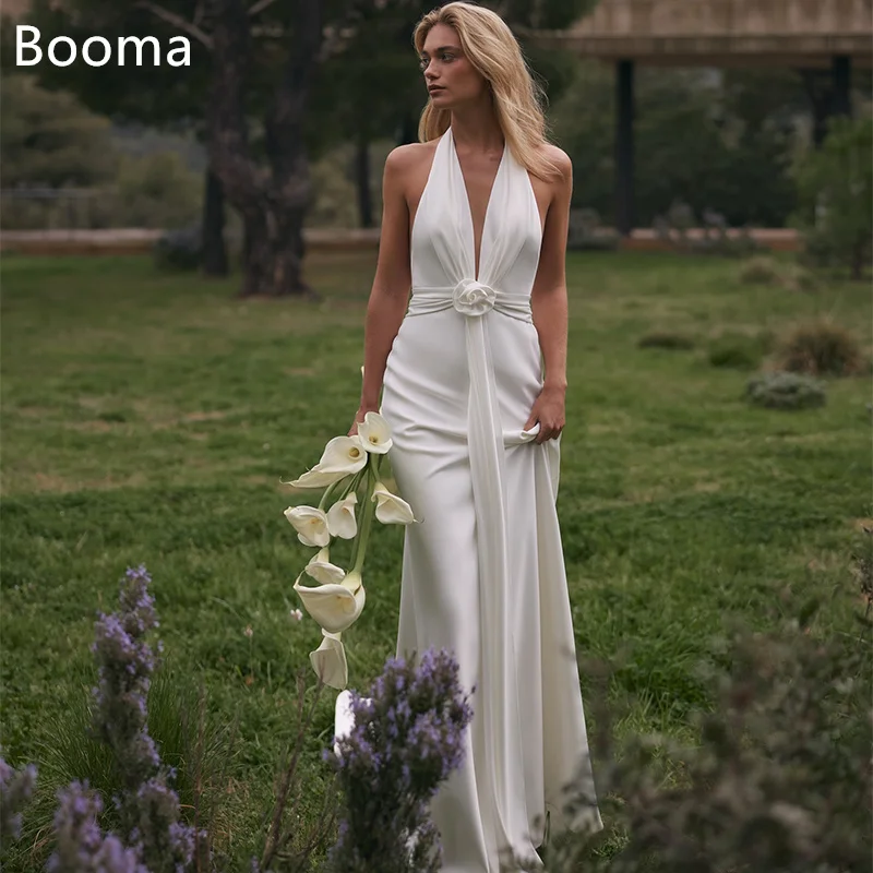 

Booma Mermaid Simple Flower Wedding Dresses Sleeveless V-Neck Backless Satin Elegant Brides Gown Custom Made 2025