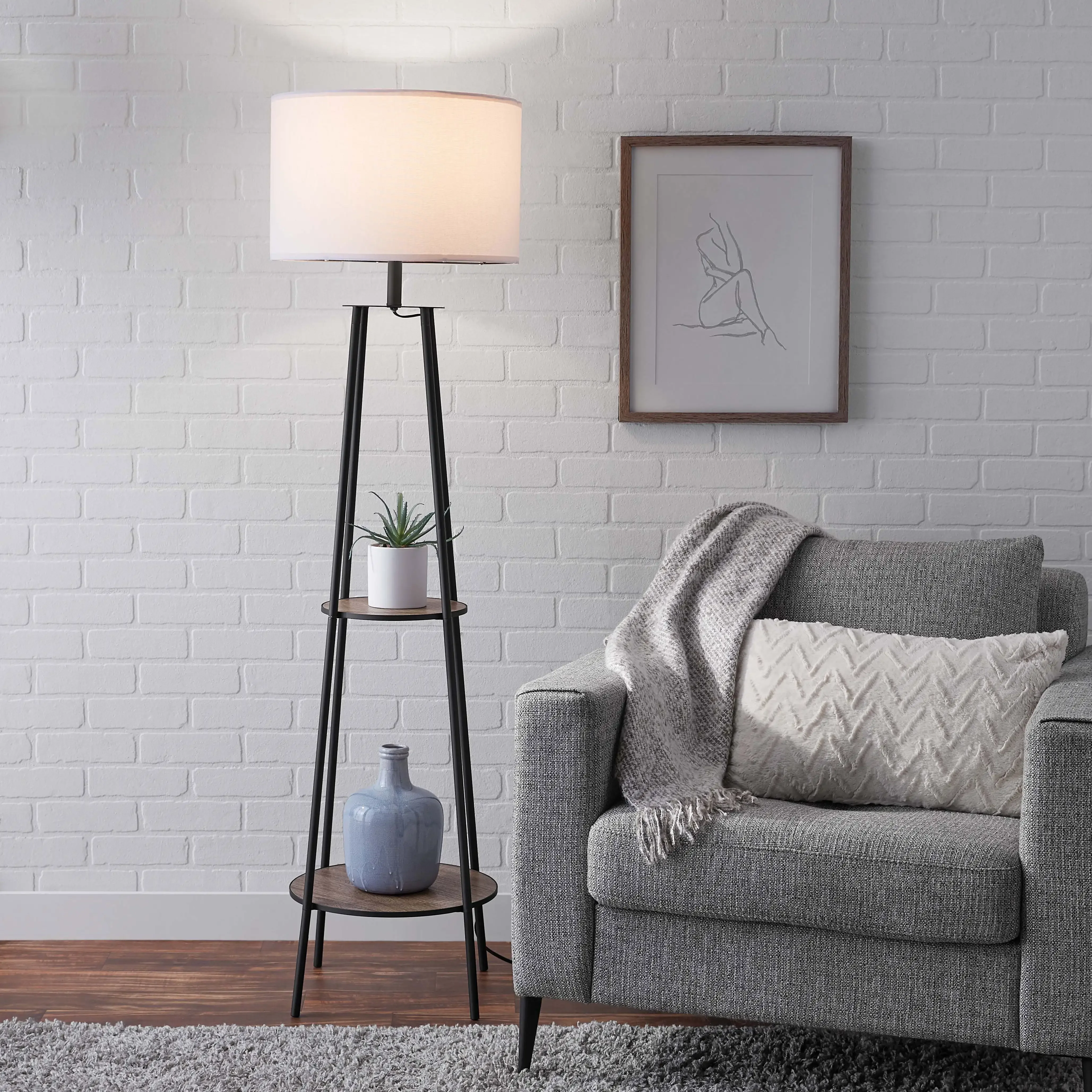 

Etagere 62" Matte Black Mid-Century Style Floor Lamp, with 2 Wood Shelves
