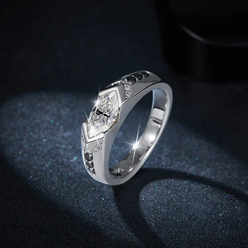 

5*10mm Marquise Cut 1 Carat Black White Contrast Moissanite Ring 18K Gold Plated S925 Sterling Silver Unisex Fashion Jewelry