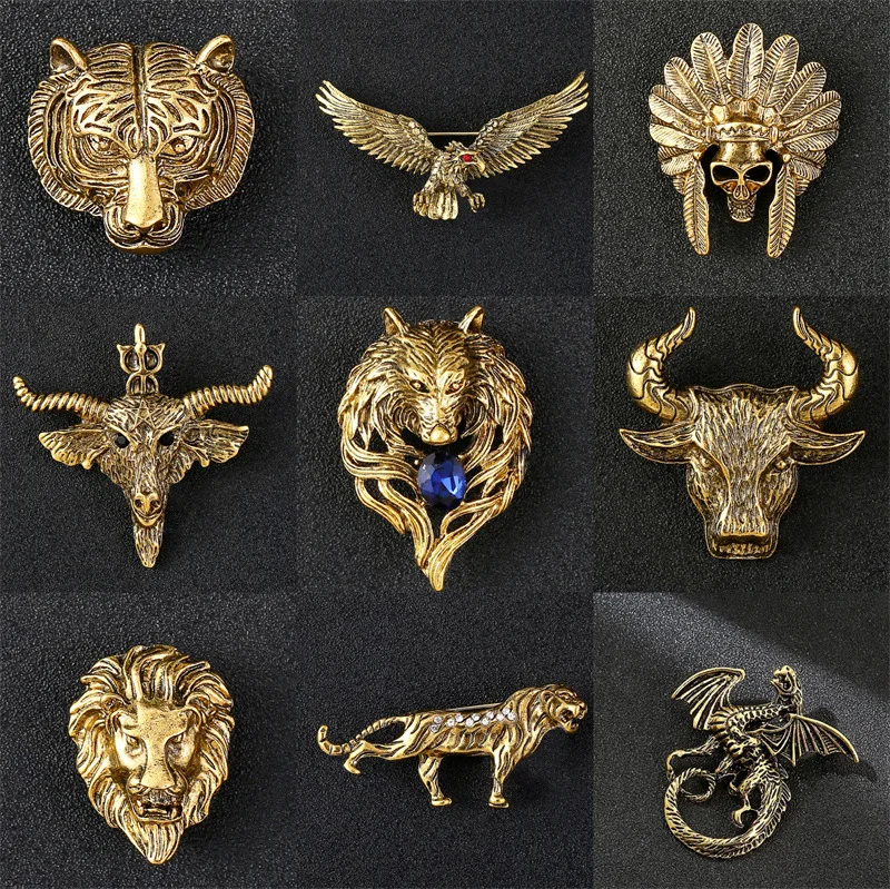 Gold Color Retro Domineering Animal Brooch Wolf Head Eagle Tiger Badge Men's Accessories Personality High-end Rhinestone