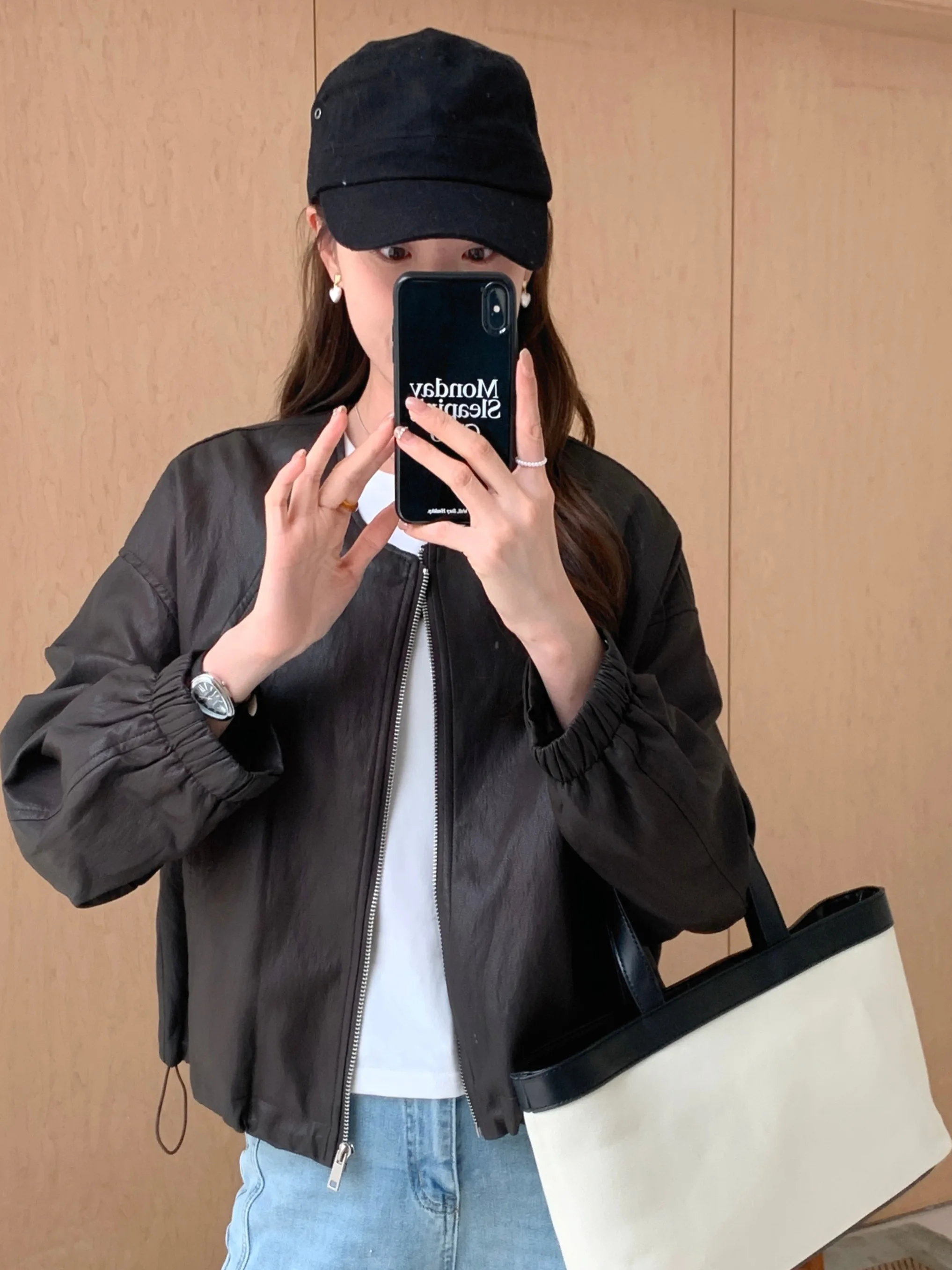 Retro Chic ort Leather Jaet Women's Autumn Winter round Ne Casual Versatile Hong Kong Sle Quali Faion Outerwear