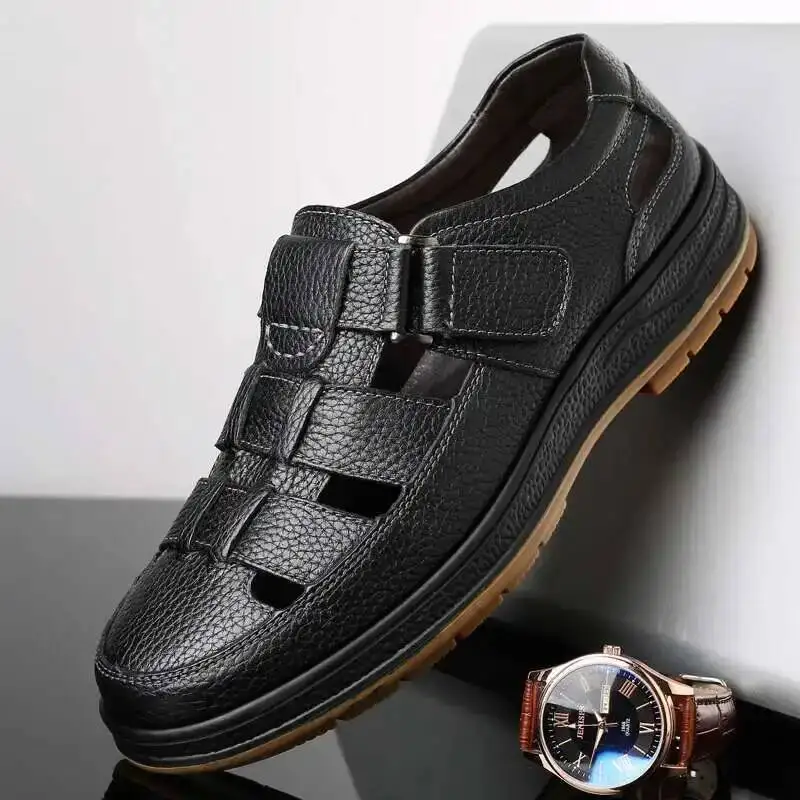 

2025 Summer Men Sandals Breathable Leather Shoes Man Perforated Shoes Anti Slip Soft Sole Business Leisure Sandals Large Size