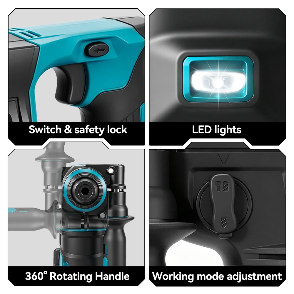 ONEVAN 2500W Bürstenloser Elektrohammer 3500 U/min Kabelloser Leichter Bohrhammer Schlagbohrmaschine für Makita 18V Akku – Detail 11