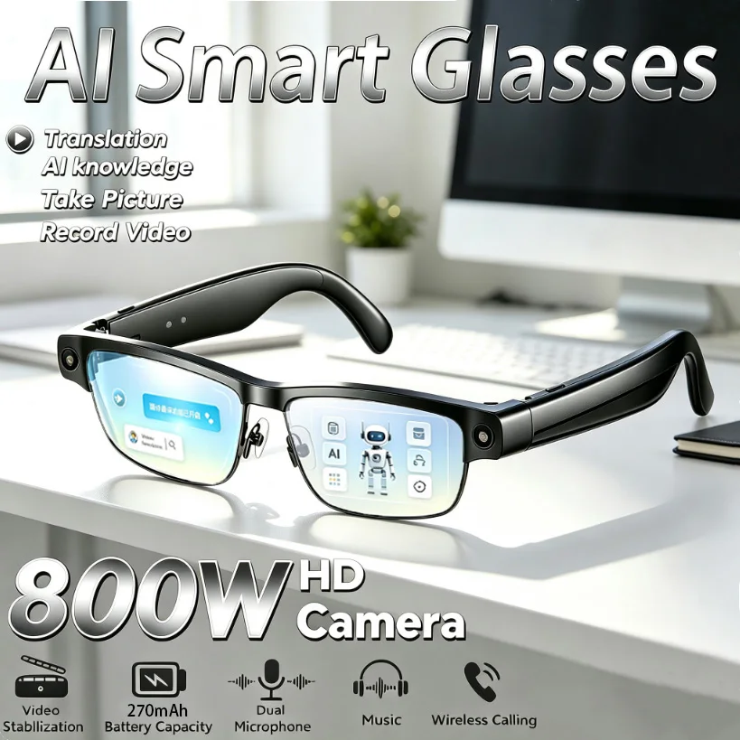 2026 New AI Smart Camera Glasses 800W Pixel HD Camera AI Object Recognition AI Language Assistant Bluetooth Call Smart Glasses