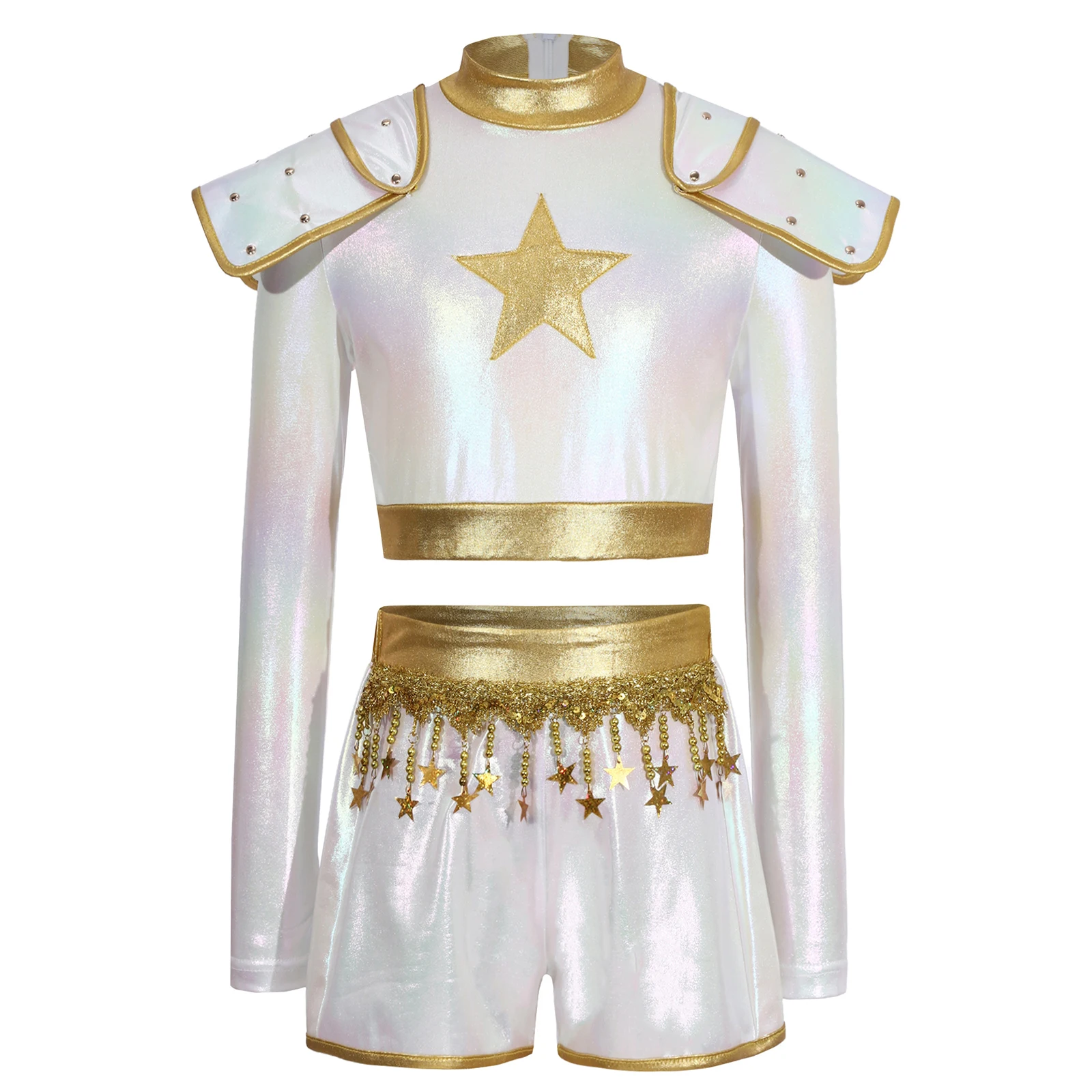 

Kids Girls Singer Angel Role Play Outfits Long Sleeve Back Invisible Zipper Crop Top with Shorts Halloween Carnival Dress Up