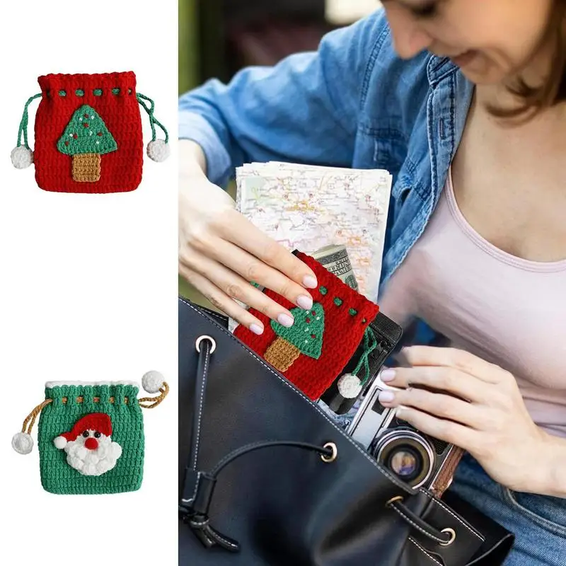 Cute Wallet Coin Pouch Christmas Drawstring Knitting Change Purse Knitting Woven Coin Purse For Small Items Coin Headphones