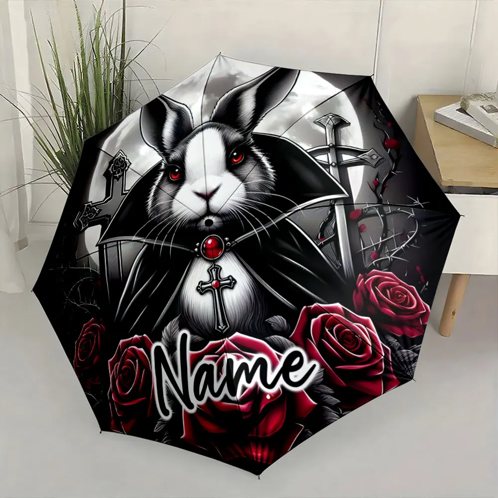 Custom Name Dark Gothic Rabbit Design Umbrella with Roses and Cross 8 Iron Ribs Folding Umbrella Auto-Open Fashion Sunshade