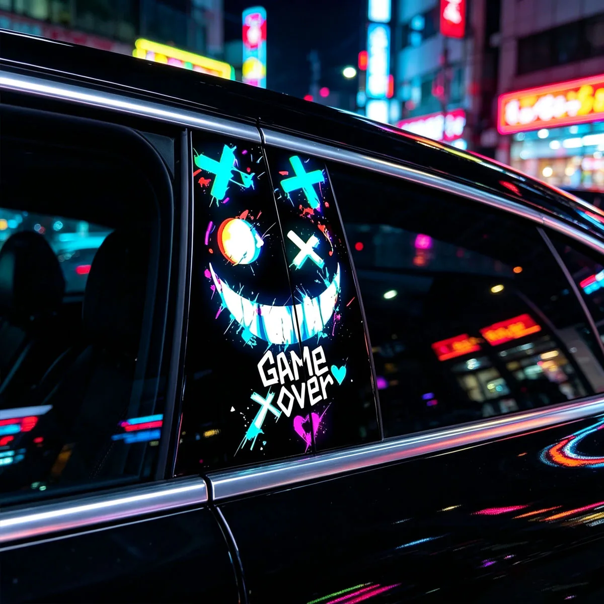 2Pcs Punk Car Sticker B-Pillar, Waterproof Scratch Resistant Vinyl Neon Blue Pink Splash, Anime Semi Matte Decal