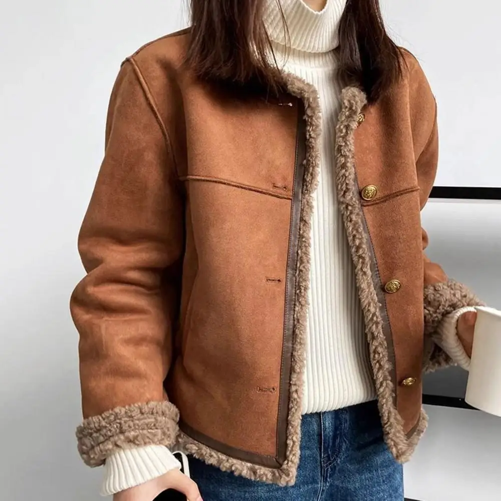 Chaqueta cálida de motocicleta con cuello redondo para mujer Otoño Invierno nueva piel de cordero abrigos de tendencia superior chaqueta cálida para ir al trabajo escolar diaria