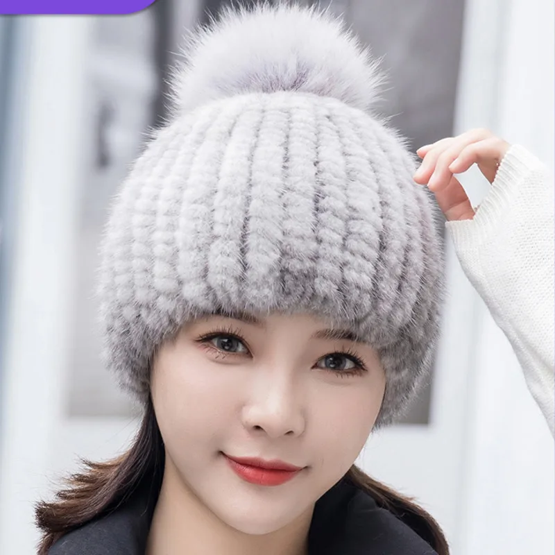 

Real Mink Fur Hat Women Warm Natural Fur Knitted Hat With Fox Fur Ball Luxury Fashion Lady Beanies Cap Soft Russia Elastic Caps