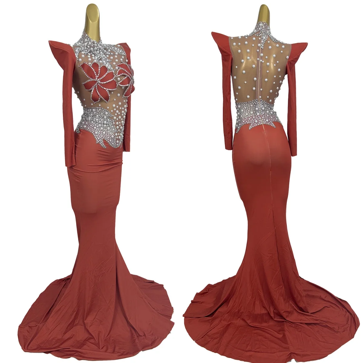 

Luxury Sparkly Pearl Couture Chain Long Dress Women Sexy Stage Celebrate Evening Gown Birhthday Party Photoshoot Costume Jinghua
