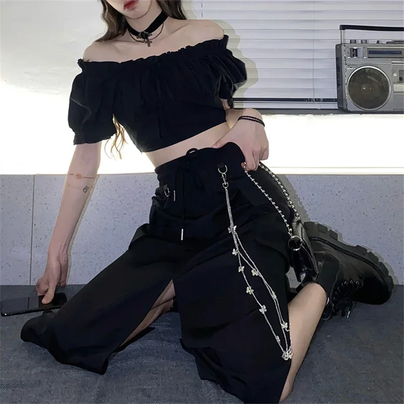 2023 New Spring Autumn women skirt fashion Korean style black long skirts with chain side slit hip hop streetwear plus size